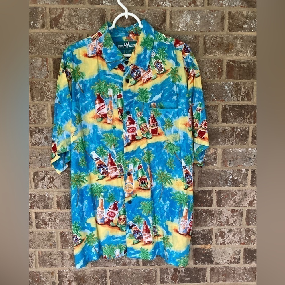 Big Dogs Mens Blue Beer Bottle Beach Tropical Hawaiian Island Button Shirt large